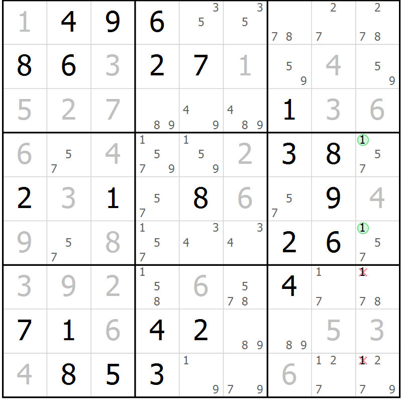 Position des candidats pour la solution de la Gr 82 page 85 du magazine de sudoku Virtuose n° 115