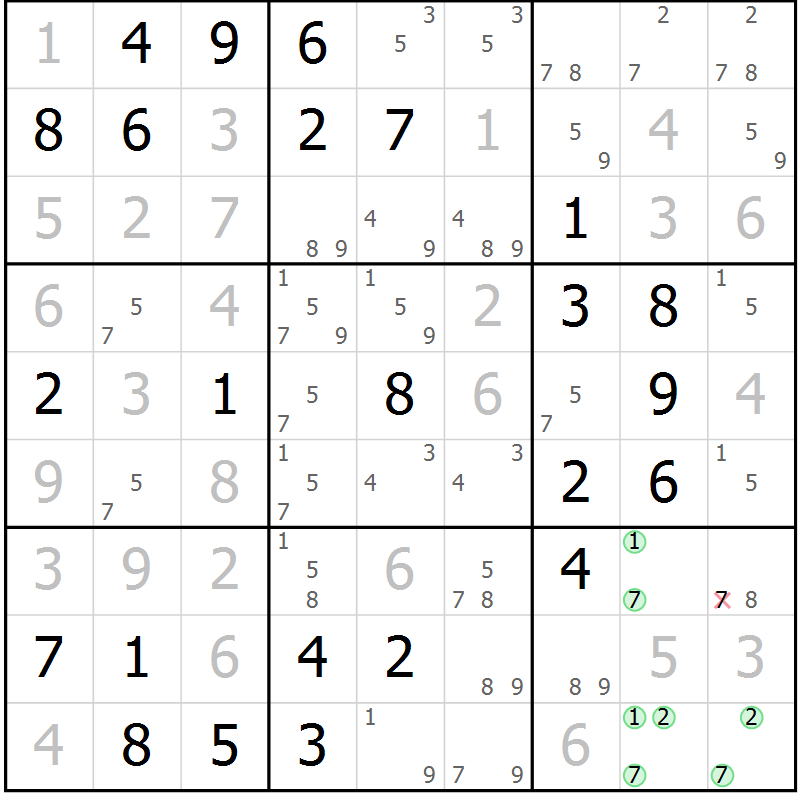 Position des candidats pour la solution de la Gr 82 page 85 du magazine de sudoku Virtuose n° 115