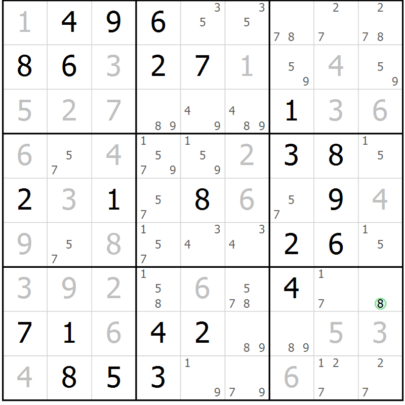 Position des candidats pour la solution de la Gr 82 page 85 du magazine de sudoku Virtuose n° 115