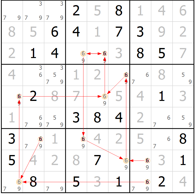 Position des candidats pour la solution de la Gr 83 page 86 du magazine de sudoku Virtuose n° 115