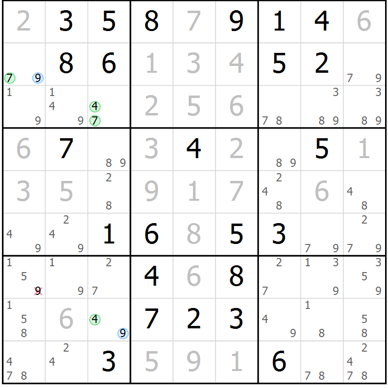 Position des candidats pour la solution de la Gr 84 page 87 du magazine de sudoku Virtuose n° 115