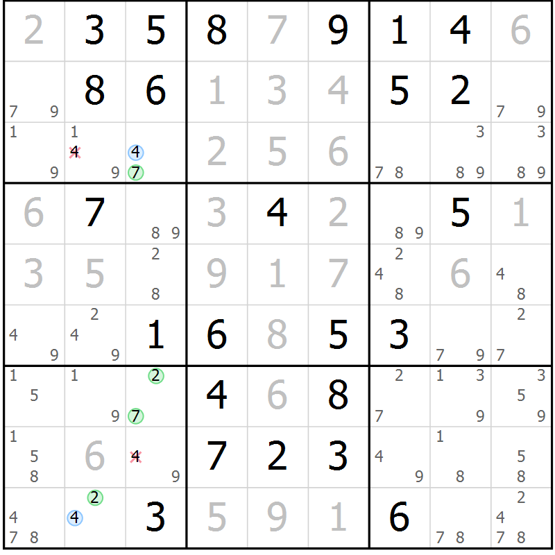 Position des candidats pour la solution de la Gr 84 page 87 du magazine de sudoku Virtuose n° 115