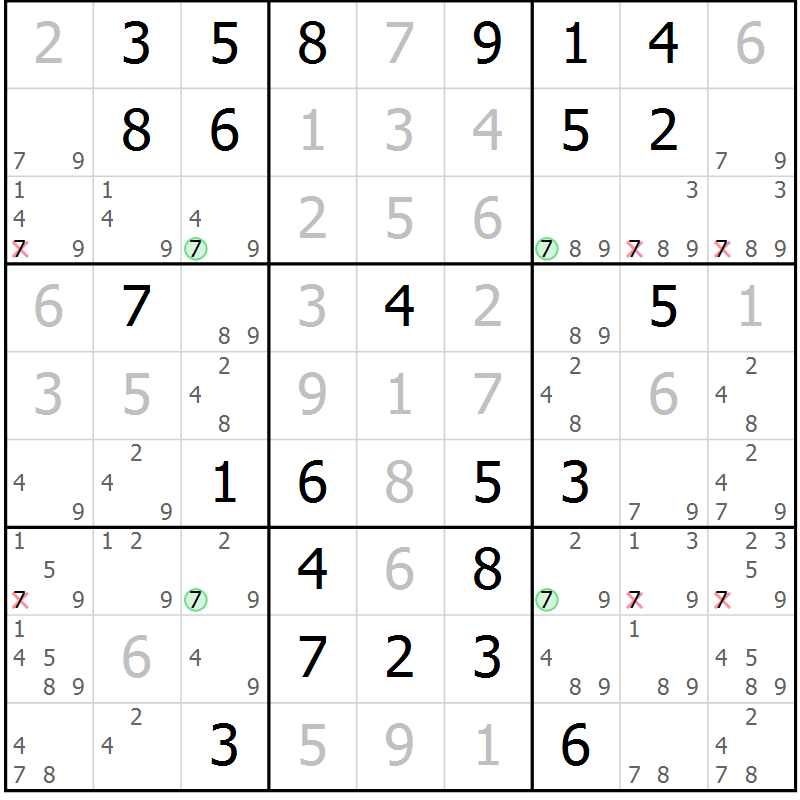 Position des candidats pour la solution de la Gr 84 page 87 du magazine de sudoku Virtuose n° 115