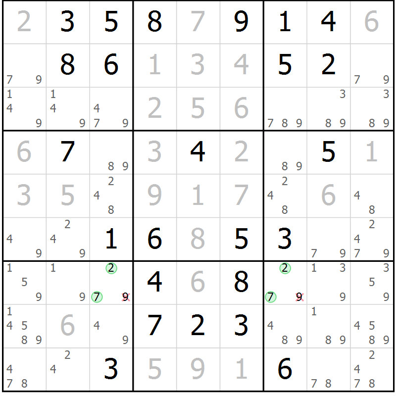 Position des candidats pour la solution de la Gr 84 page 87 du magazine de sudoku Virtuose n° 115