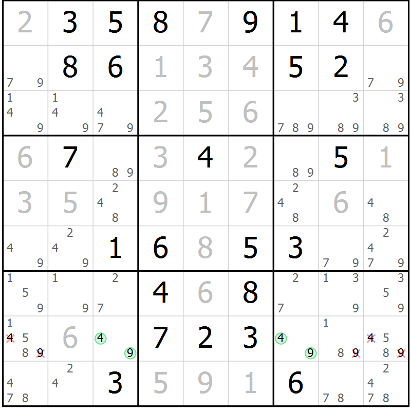 Position des candidats pour la solution de la Gr 84 page 87 du magazine de sudoku Virtuose n° 115