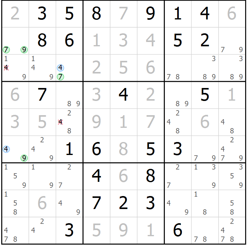 Position des candidats pour la solution de la Gr 84 page 87 du magazine de sudoku Virtuose n° 115