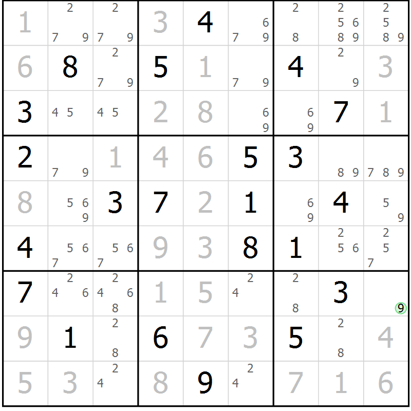 Position des candidats pour la solution de la Gr 9 page 12 du magazine de sudoku Virtuose n° 115