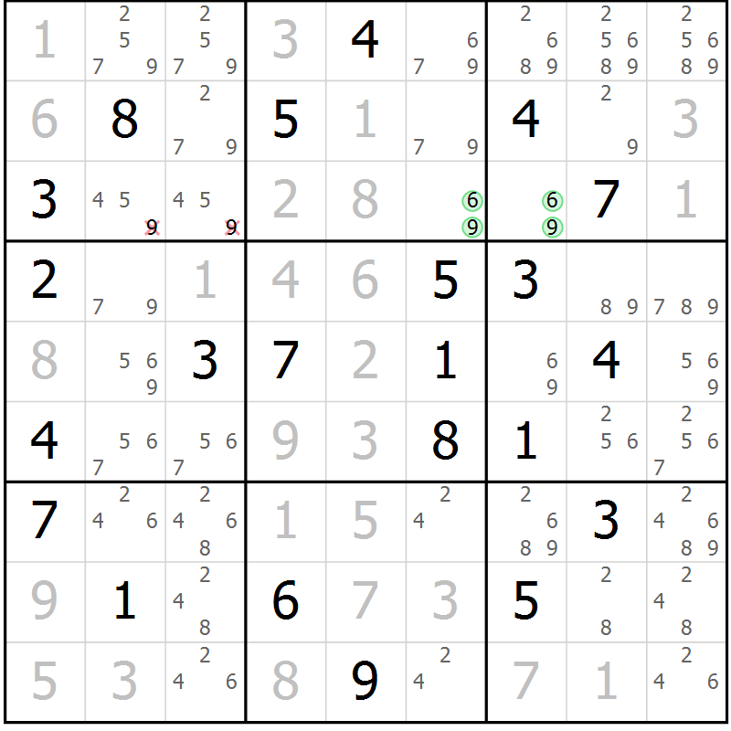 Position des candidats pour la solution de la Gr 9 page 12 du magazine de sudoku Virtuose n° 115