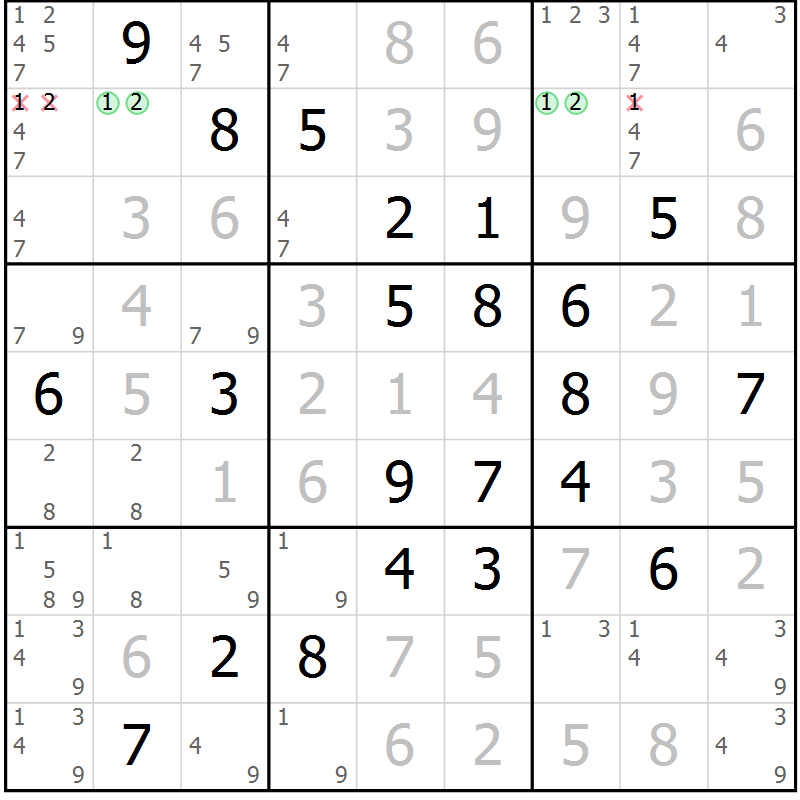 Position des candidats pour la solution de la Gr 1 page 4 du magazine de sudoku Virtuose n° 116