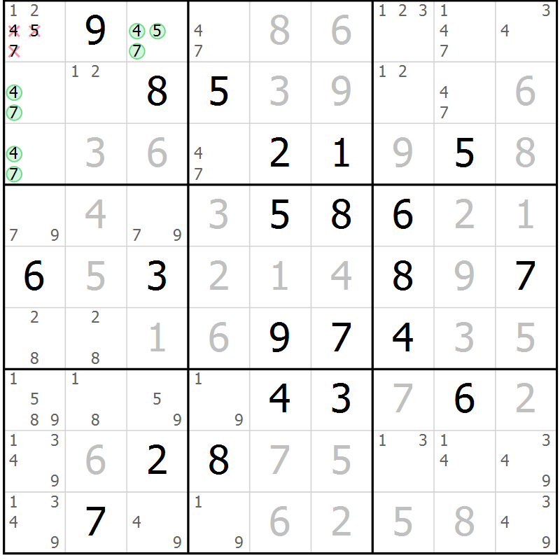 Position des candidats pour la solution de la Gr 1 page 4 du magazine de sudoku Virtuose n° 116