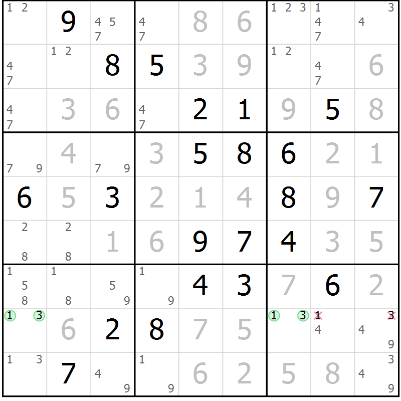 Position des candidats pour la solution de la Gr 1 page 4 du magazine de sudoku Virtuose n° 116