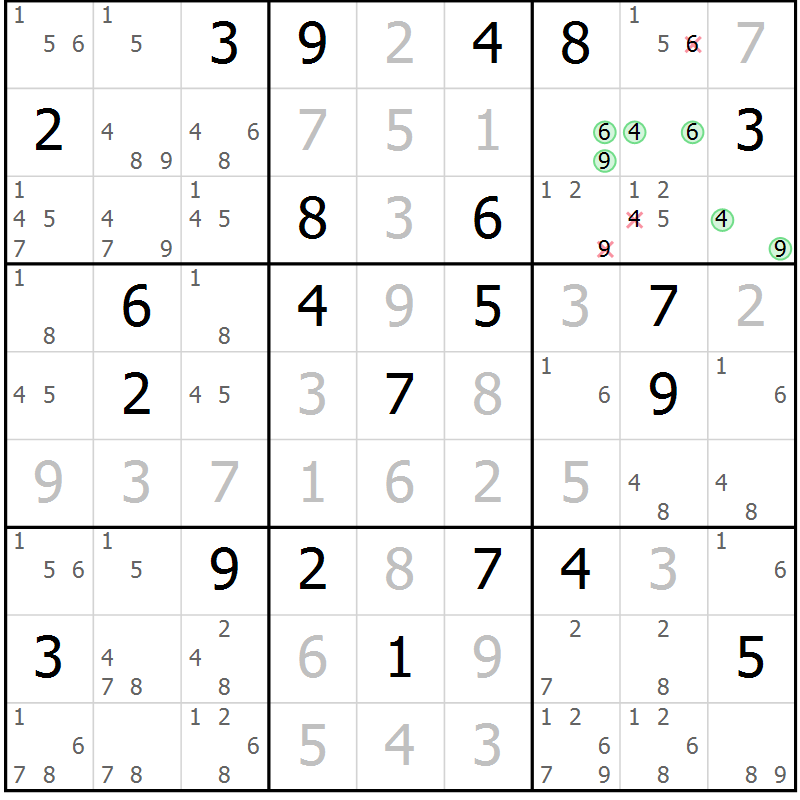Position des candidats pour la solution de la Gr 10 page 13 du magazine de sudoku Virtuose n° 116