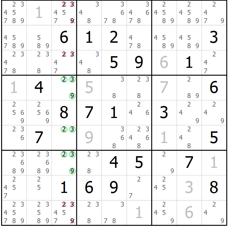 Position des candidats pour la solution de la Gr 11 page 14 du magazine de sudoku Virtuose n° 116