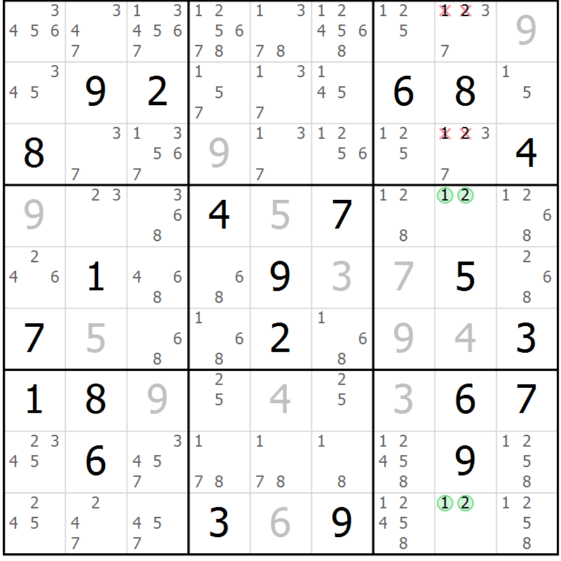 Position des candidats pour la solution de la Gr 14 page 17 du magazine de sudoku Virtuose n° 116