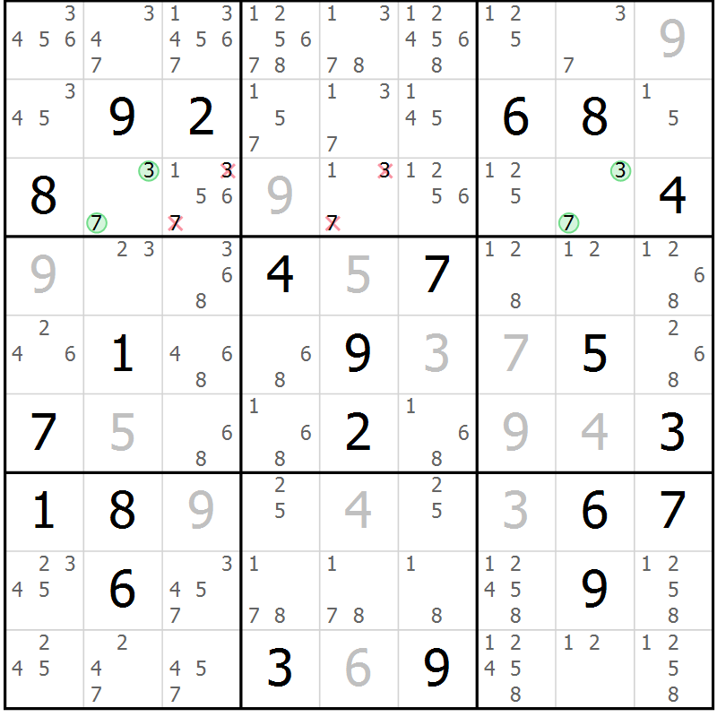 Position des candidats pour la solution de la Gr 14 page 17 du magazine de sudoku Virtuose n° 116