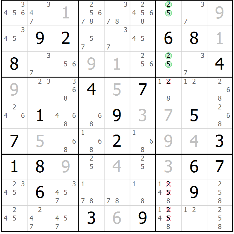 Position des candidats pour la solution de la Gr 14 page 17 du magazine de sudoku Virtuose n° 116