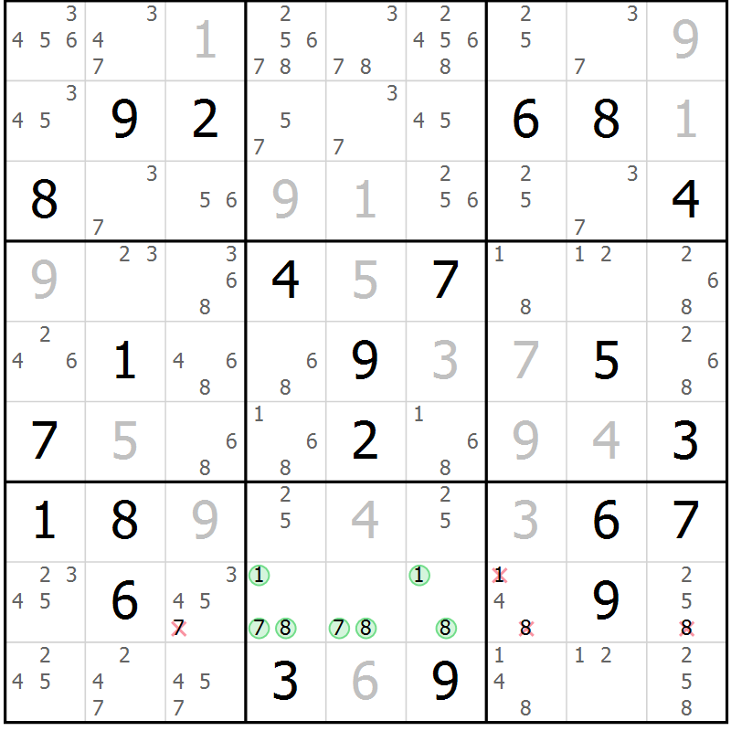Position des candidats pour la solution de la Gr 14 page 17 du magazine de sudoku Virtuose n° 116
