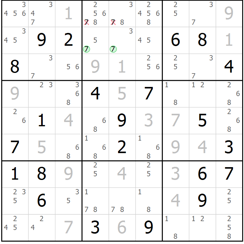 Position des candidats pour la solution de la Gr 14 page 17 du magazine de sudoku Virtuose n° 116