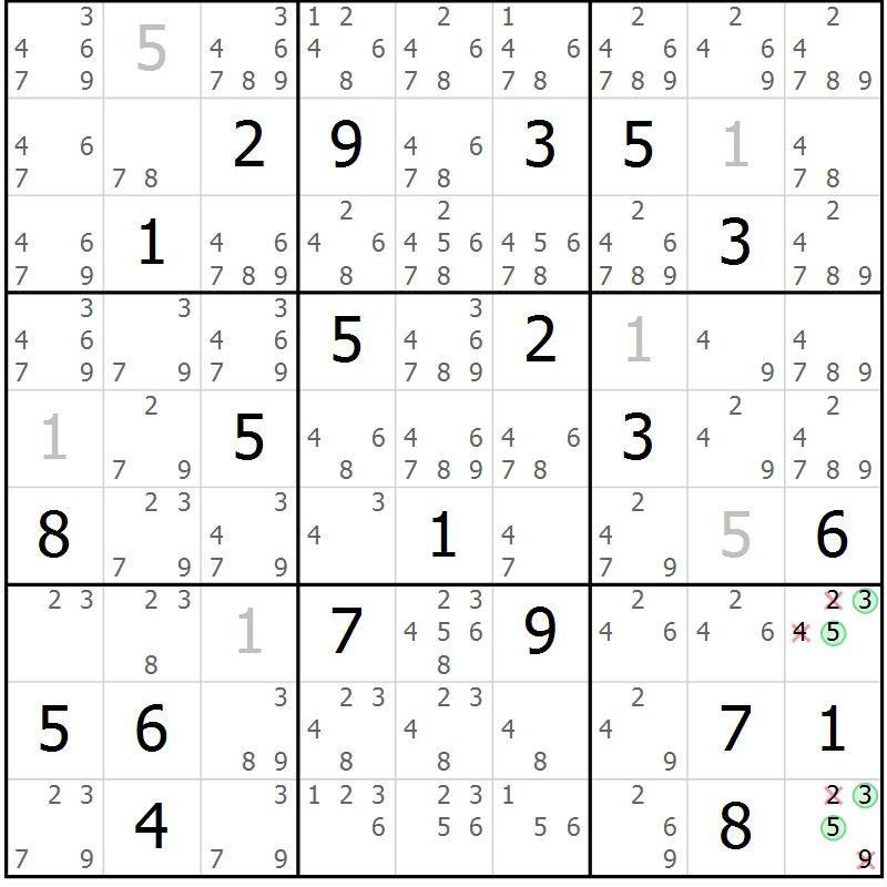 Position des candidats pour la solution de la Gr 15 page 18 du magazine de sudoku Virtuose n° 116