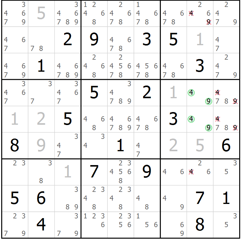 Position des candidats pour la solution de la Gr 15 page 18 du magazine de sudoku Virtuose n° 116