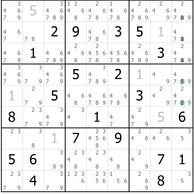 Position des candidats pour la solution de la Gr 15 page 18 du magazine de sudoku Virtuose n° 116