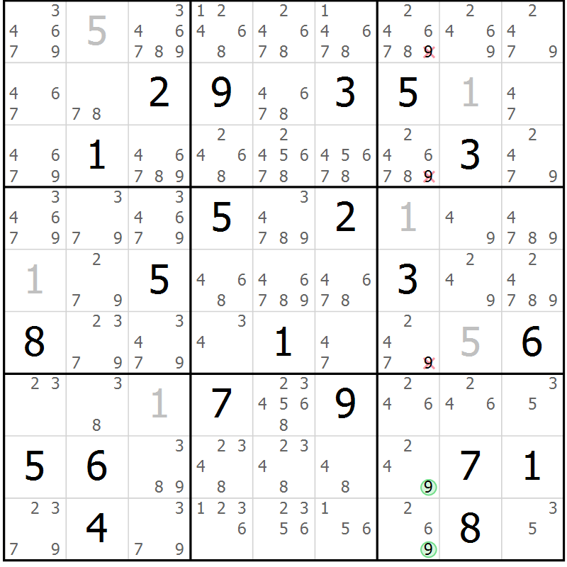 Position des candidats pour la solution de la Gr 15 page 18 du magazine de sudoku Virtuose n° 116