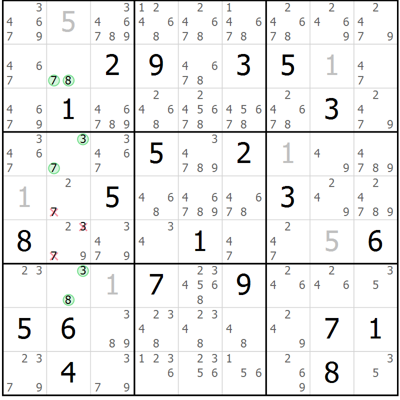 Position des candidats pour la solution de la Gr 15 page 18 du magazine de sudoku Virtuose n° 116