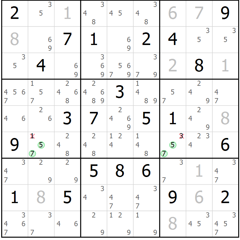 Position des candidats pour la solution de la Gr 17 page 20 du magazine de sudoku Virtuose n° 116
