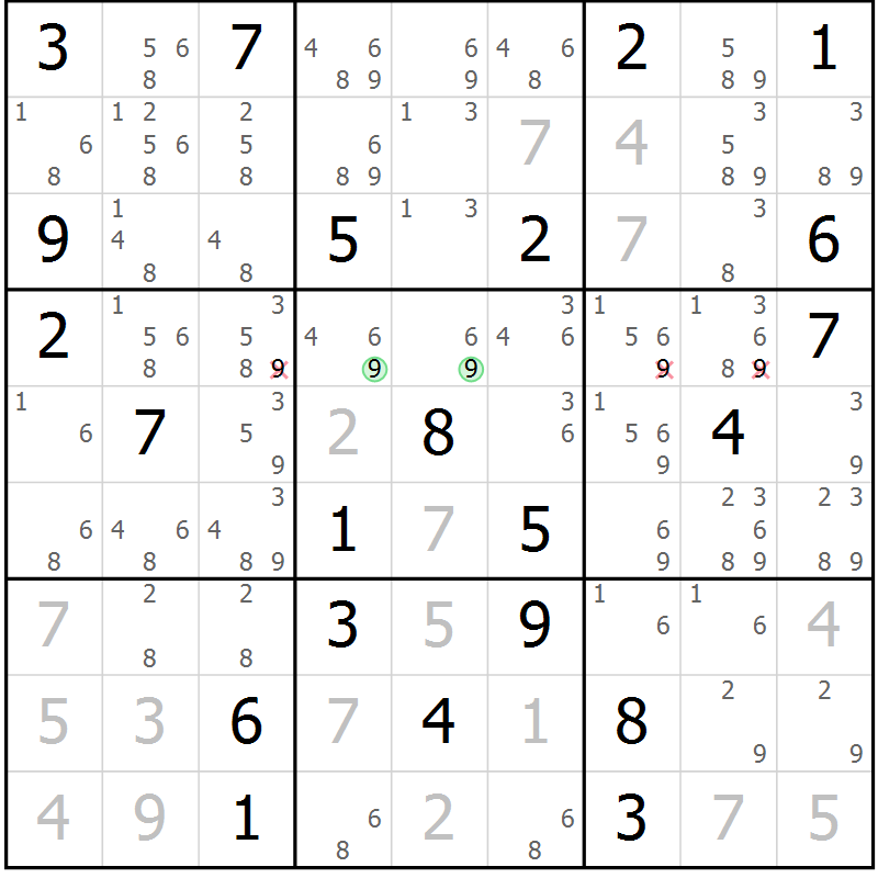 Position des candidats pour la solution de la Gr 18 page 21 du magazine de sudoku Virtuose n° 116
