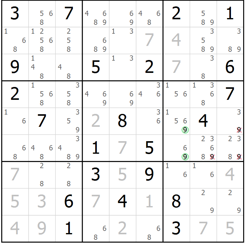 Position des candidats pour la solution de la Gr 18 page 21 du magazine de sudoku Virtuose n° 116