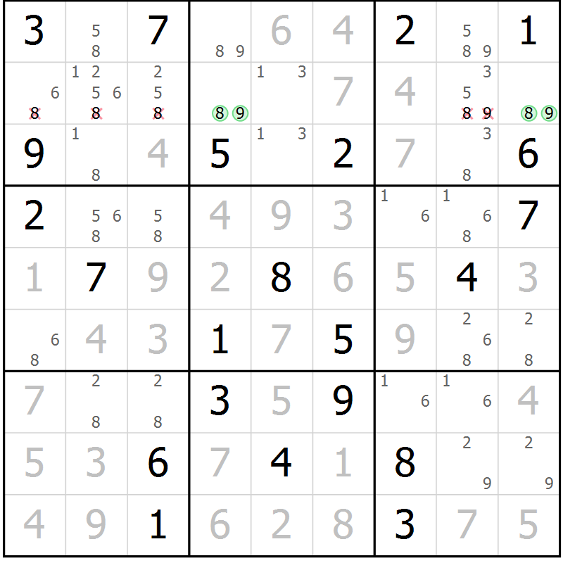 Position des candidats pour la solution de la Gr 18 page 21 du magazine de sudoku Virtuose n° 116