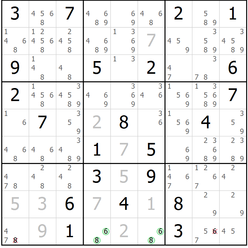 Position des candidats pour la solution de la Gr 18 page 21 du magazine de sudoku Virtuose n° 116