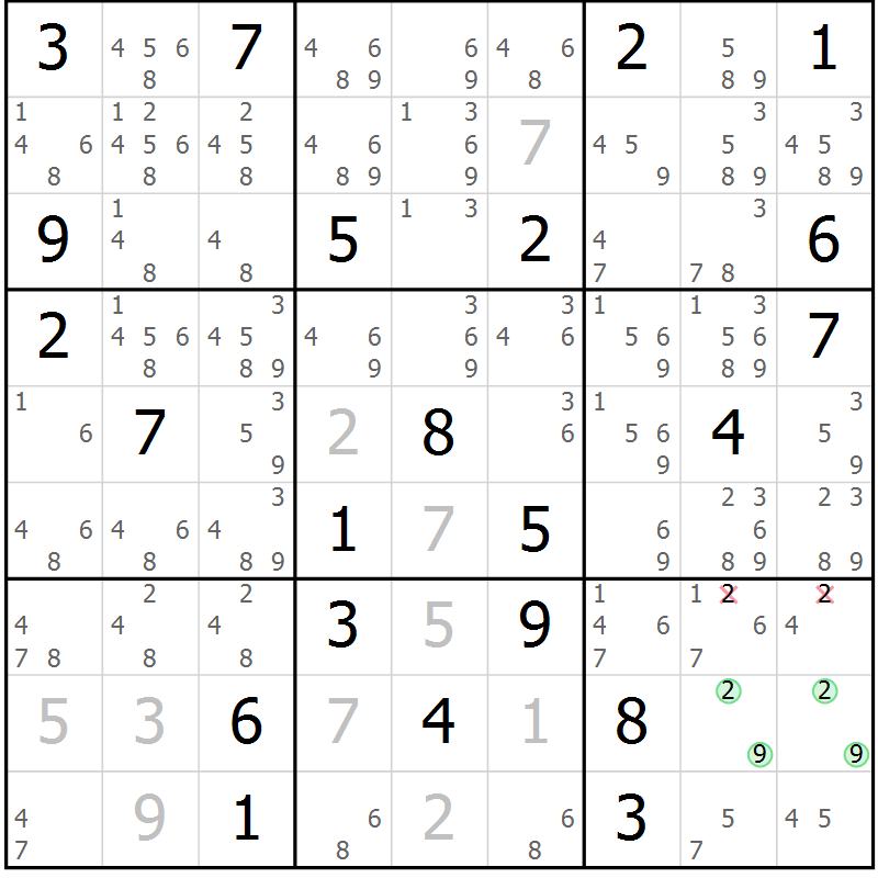 Position des candidats pour la solution de la Gr 18 page 21 du magazine de sudoku Virtuose n° 116