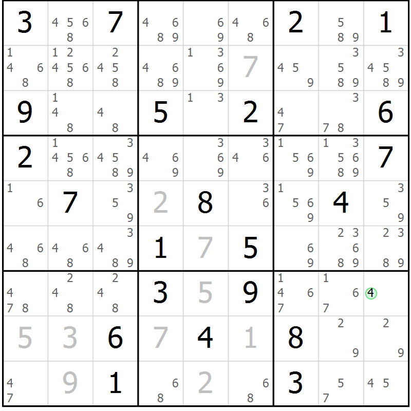 Position des candidats pour la solution de la Gr 18 page 21 du magazine de sudoku Virtuose n° 116