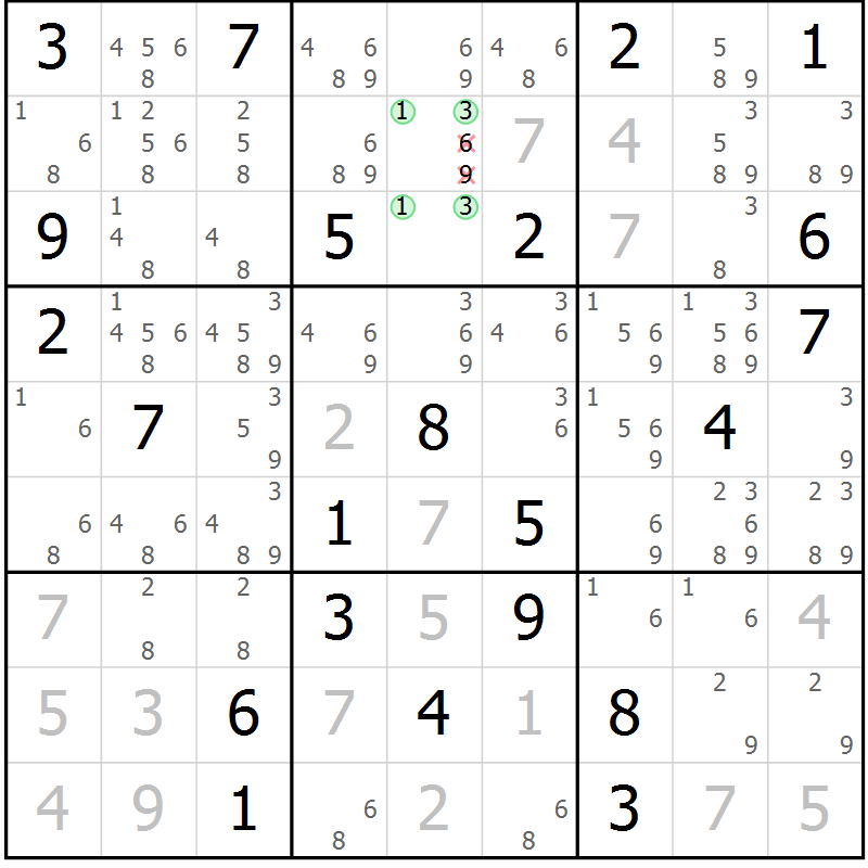Position des candidats pour la solution de la Gr 18 page 21 du magazine de sudoku Virtuose n° 116