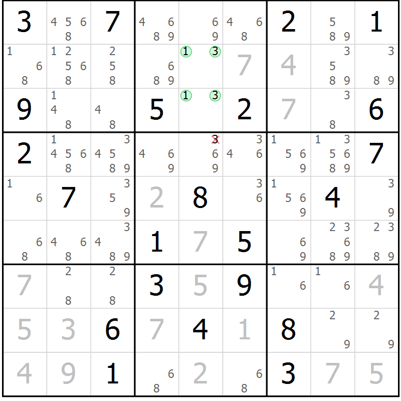 Position des candidats pour la solution de la Gr 18 page 21 du magazine de sudoku Virtuose n° 116