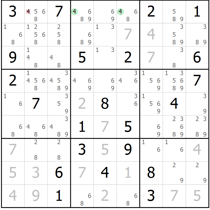 Position des candidats pour la solution de la Gr 18 page 21 du magazine de sudoku Virtuose n° 116