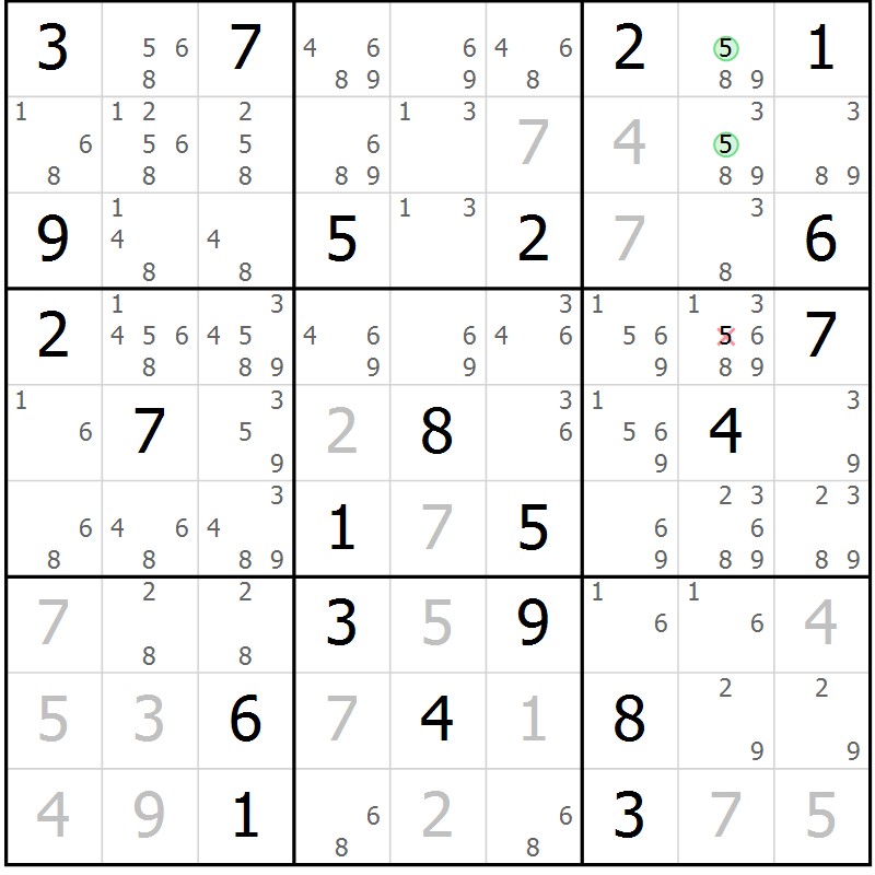 Position des candidats pour la solution de la Gr 18 page 21 du magazine de sudoku Virtuose n° 116