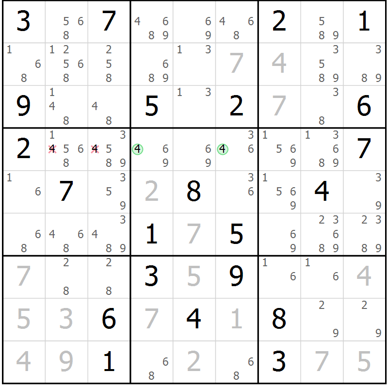 Position des candidats pour la solution de la Gr 18 page 21 du magazine de sudoku Virtuose n° 116