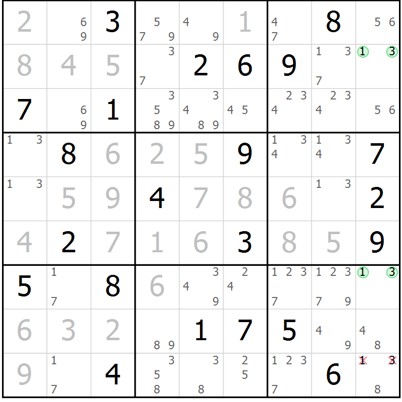 Position des candidats pour la solution de la Gr 2 page 5 du magazine de sudoku Virtuose n° 116