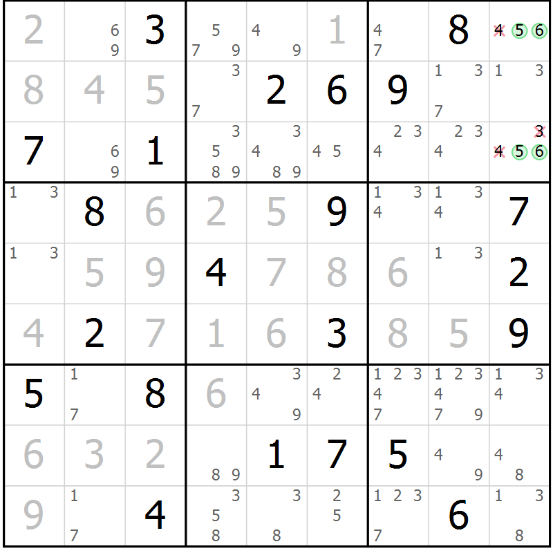 Position des candidats pour la solution de la Gr 2 page 5 du magazine de sudoku Virtuose n° 116
