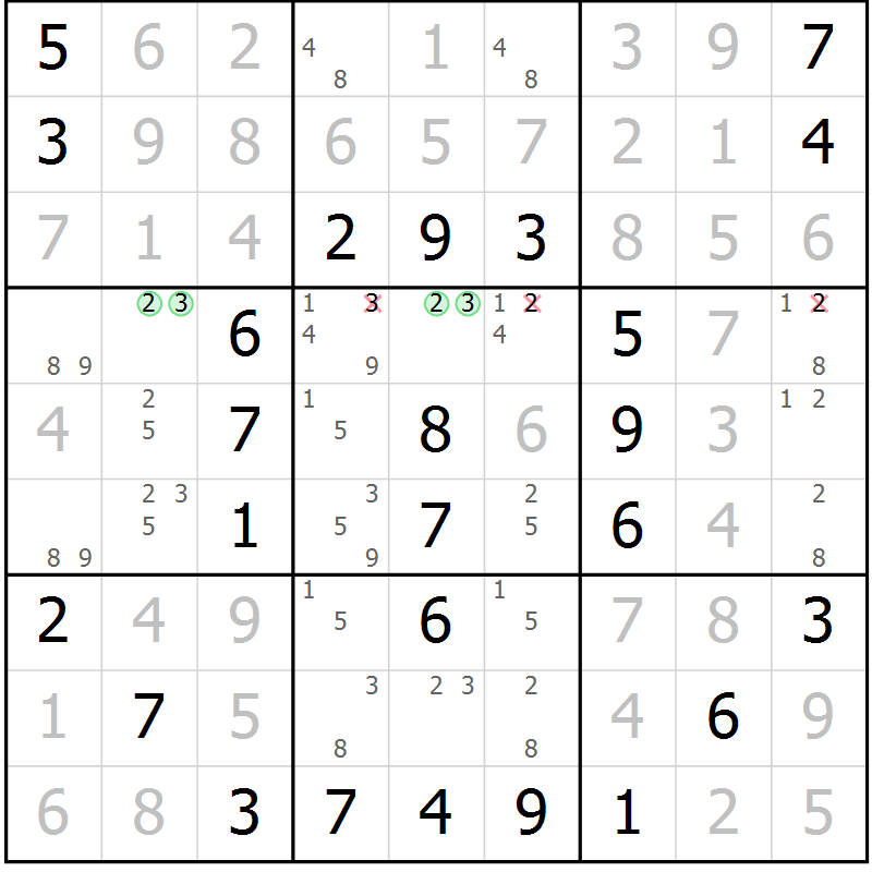 Position des candidats pour la solution de la Gr 23 page 26 du magazine de sudoku Virtuose n° 116