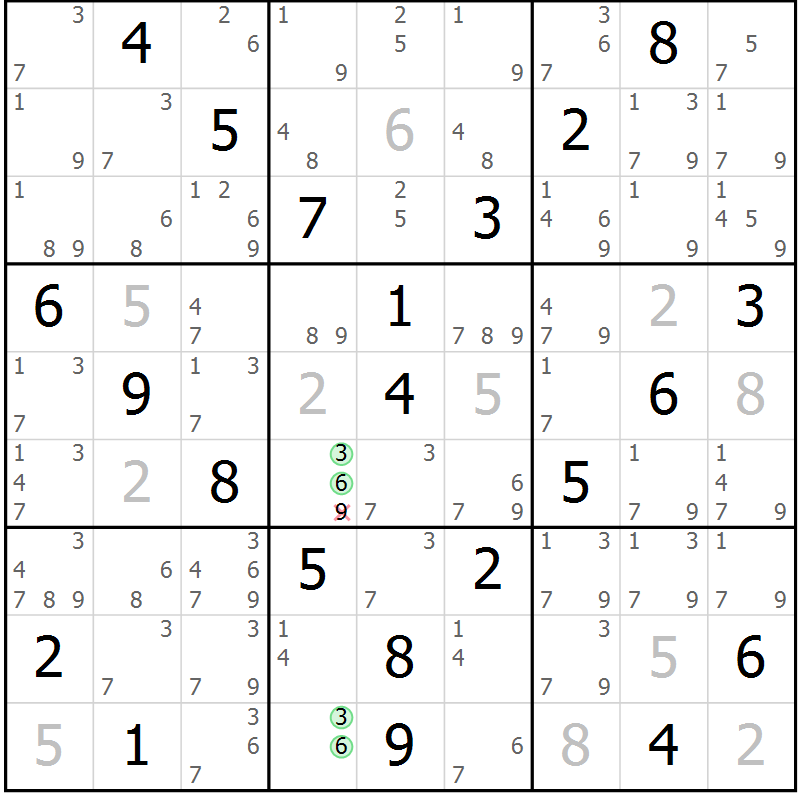Position des candidats pour la solution de la Gr 28 page 31 du magazine de sudoku Virtuose n° 116