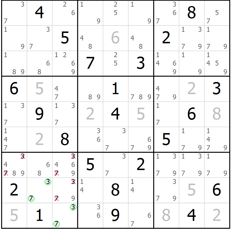 Position des candidats pour la solution de la Gr 28 page 31 du magazine de sudoku Virtuose n° 116