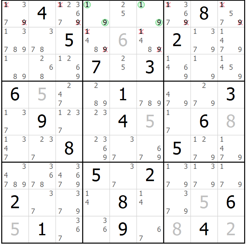 Position des candidats pour la solution de la Gr 28 page 31 du magazine de sudoku Virtuose n° 116