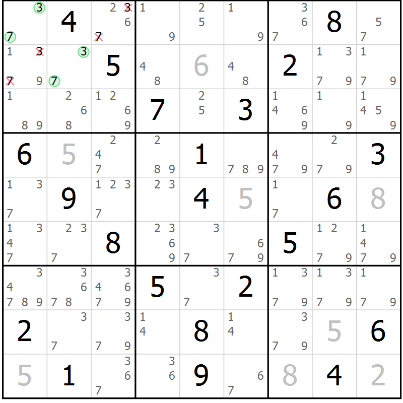 Position des candidats pour la solution de la Gr 28 page 31 du magazine de sudoku Virtuose n° 116