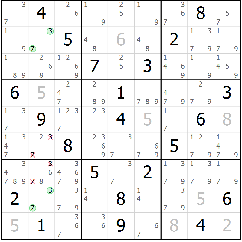 Position des candidats pour la solution de la Gr 28 page 31 du magazine de sudoku Virtuose n° 116