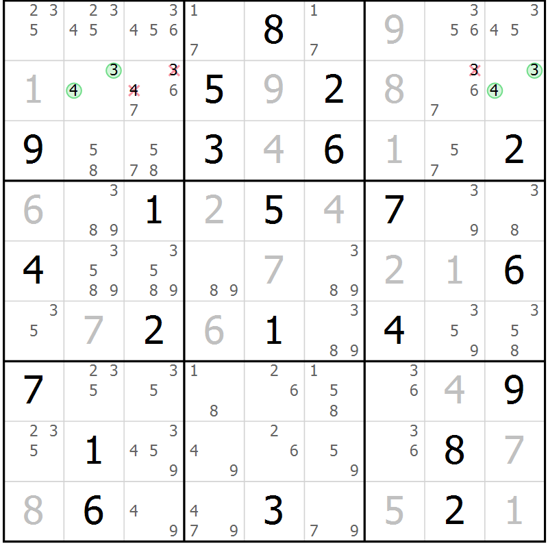 Position des candidats pour la solution de la Gr 3 page 6 du magazine de sudoku Virtuose n° 116