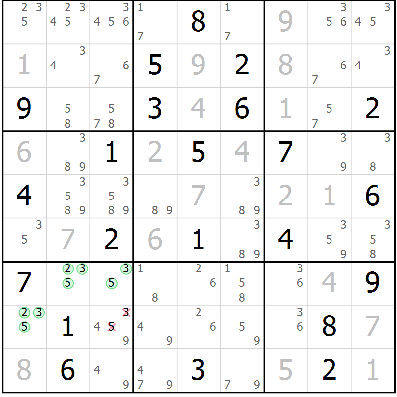 Position des candidats pour la solution de la Gr 3 page 6 du magazine de sudoku Virtuose n° 116