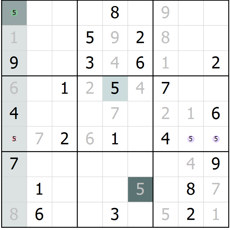 Position des candidats pour la solution de la Gr 3 page 6 du magazine de sudoku Virtuose n° 116